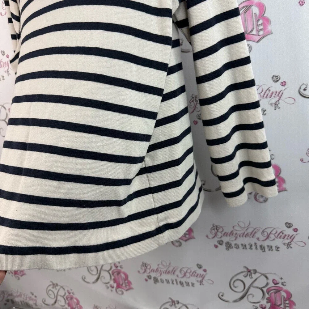 Chico's pull over shirt buttons, navy Black and White Striped Long Sleeve Top